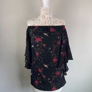 Wishful Whimsygoth Floral Crane Off-The-Shoulder Bell Sleeve Blouse